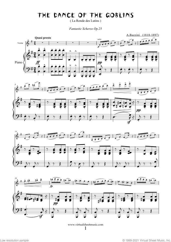 The Dance of the Goblins sheet music for violin and piano by Antonio Bazzini, classical score, advanced skill level
