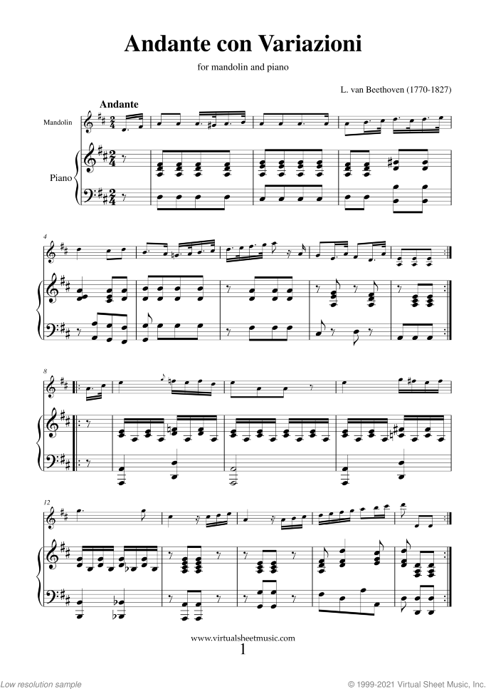 Andante con Variazioni sheet music for mandolin and piano by Ludwig van Beethoven, classical score, intermediate skill level