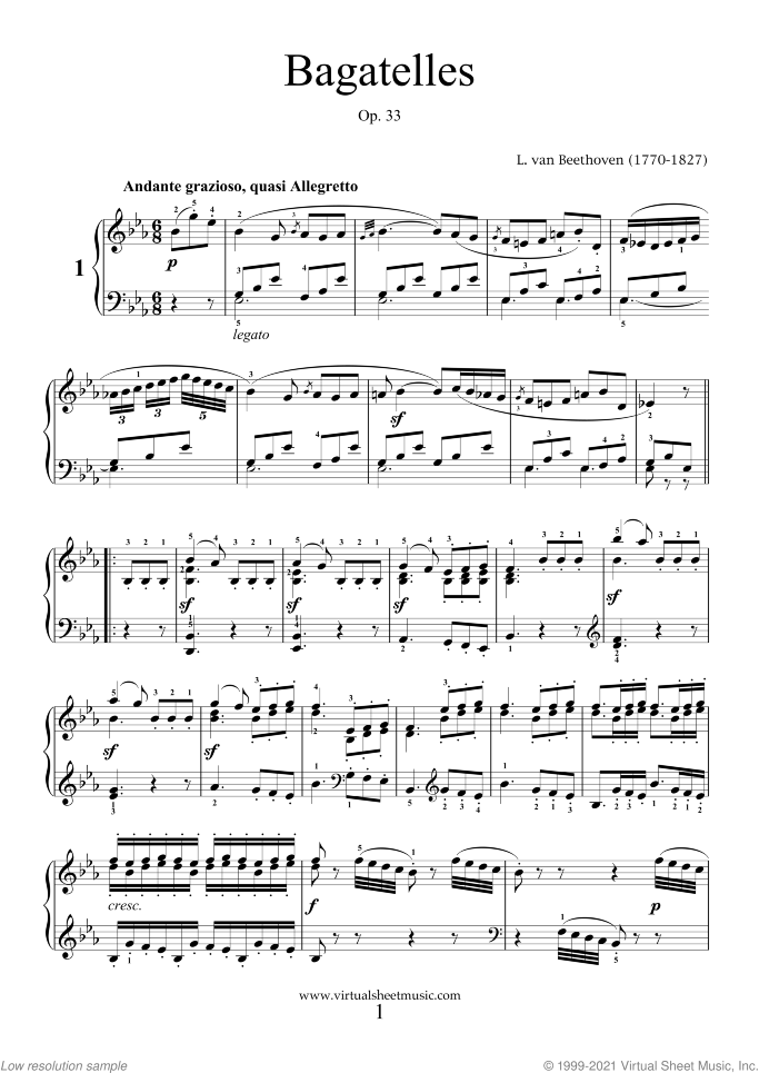 Bagatelles Op.33 sheet music for piano solo by Ludwig van Beethoven, classical score, intermediate/advanced skill level