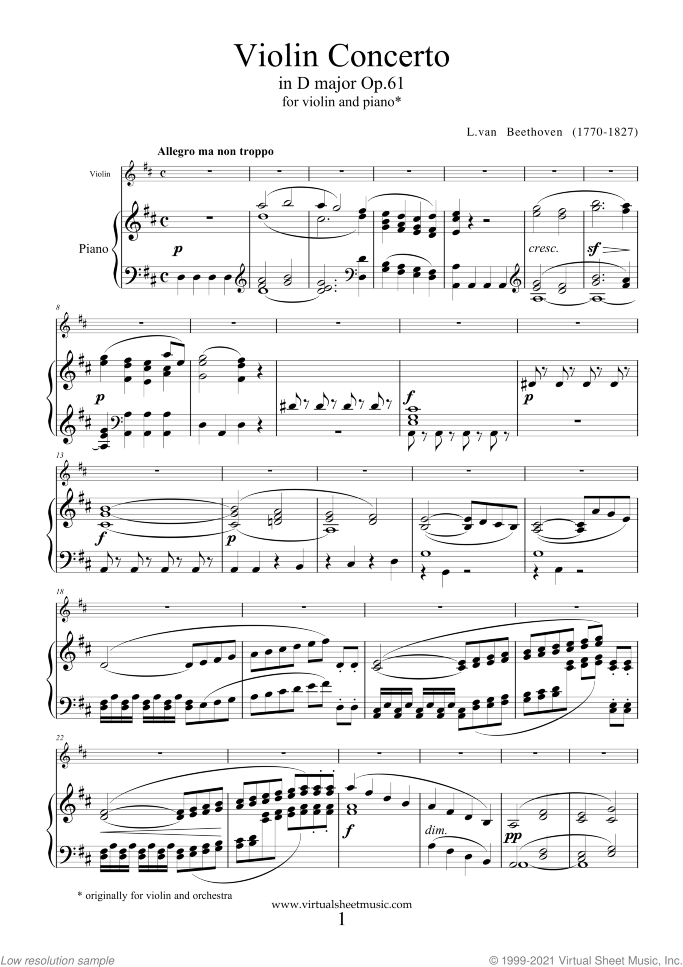Concerto in D major Op.61 sheet music for violin and piano by Ludwig van Beethoven, classical score, advanced skill level