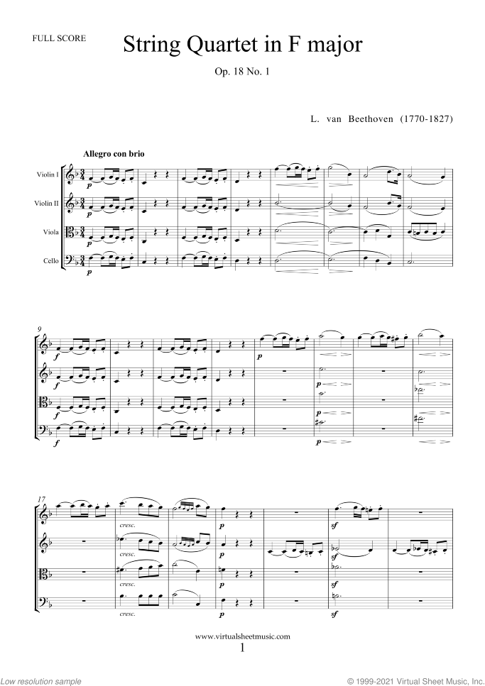 Quartet Op.18 No.1 in F major (f.score) sheet music for string quartet by Ludwig van Beethoven, classical score, advanced skill level