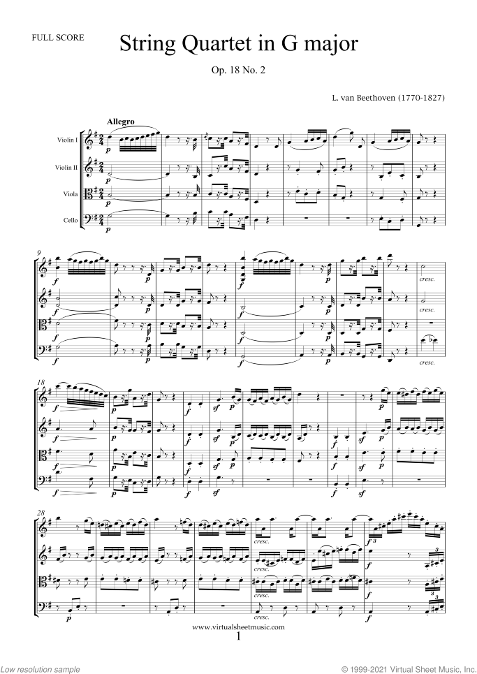 Quartet Op.18 No.2 in G major (f.score) sheet music for string quartet by Ludwig van Beethoven, classical score, advanced skill level