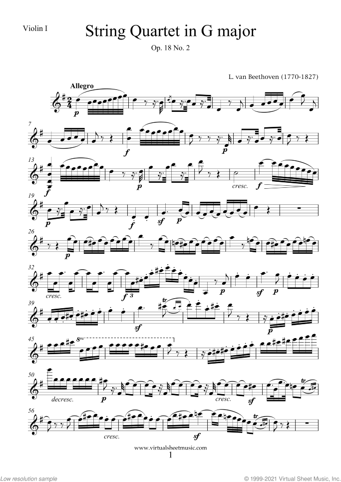 Quartet Op.18 No.2 in G major (parts) sheet music for string quartet by Ludwig van Beethoven, classical score, advanced skill level
