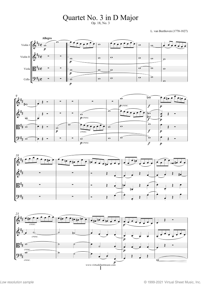 Quartet Op.18 No.3 in D major (f.score) sheet music for string quartet by Ludwig van Beethoven, classical score, advanced skill level