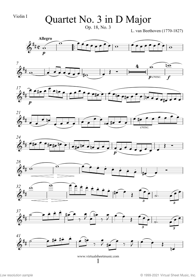 Quartet Op.18 No.3 in D major (parts) sheet music for string quartet by Ludwig van Beethoven, classical score, advanced skill level