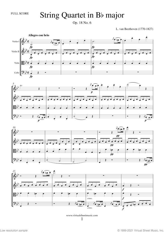 Quartet Op.18 No.6 in B major (f.score) sheet music for string quartet by Ludwig van Beethoven, classical score, advanced skill level