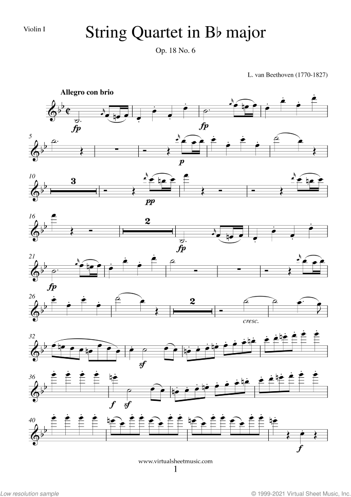 Quartet Op.18 No.6 in Bb major (COMPLETE) sheet music for string quartet by Ludwig van Beethoven, classical score, advanced skill level