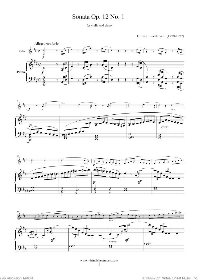 Sonata Op.12 No.1 sheet music for violin and piano by Ludwig van Beethoven, classical score, intermediate skill level
