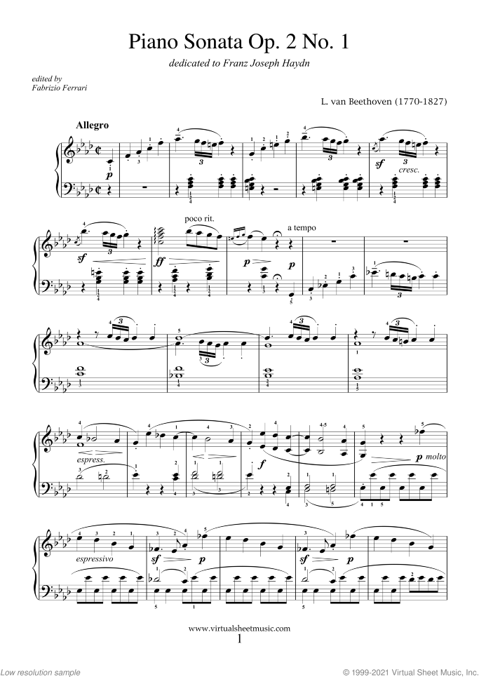 Sonata Op.2 No.1 sheet music for piano solo by Ludwig van Beethoven, classical score, intermediate/advanced skill level