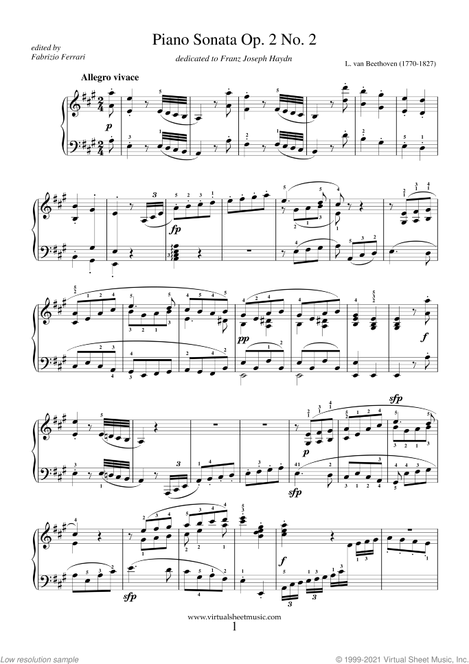 Sonata Op.2 No.2 sheet music for piano solo by Ludwig van Beethoven, classical score, intermediate/advanced skill level