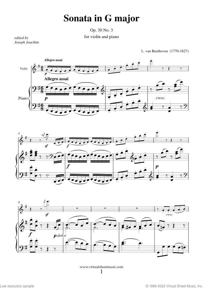 Sonata Op.30 No.3 sheet music for violin and piano by Ludwig van Beethoven, classical score, intermediate skill level