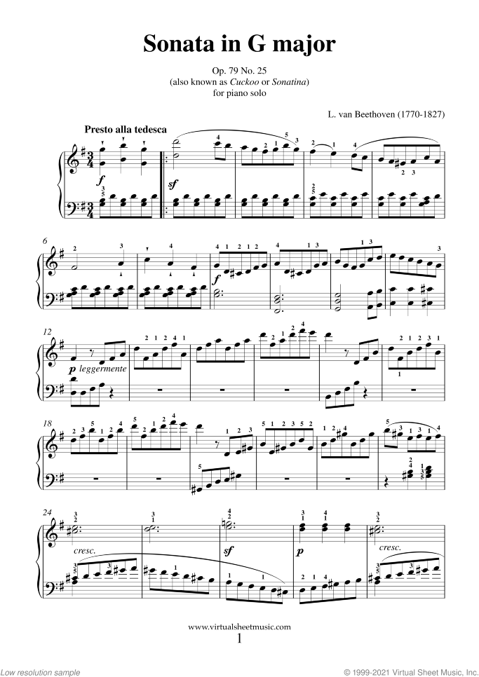 Sonata Op.79 No.25 sheet music for piano solo by Ludwig van Beethoven, classical score, intermediate/advanced skill level