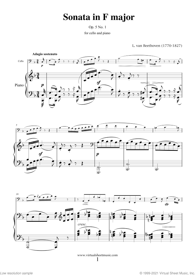 Sonata in F major Op.5 No.1 sheet music for cello and piano by Ludwig van Beethoven, classical score, easy/intermediate skill level