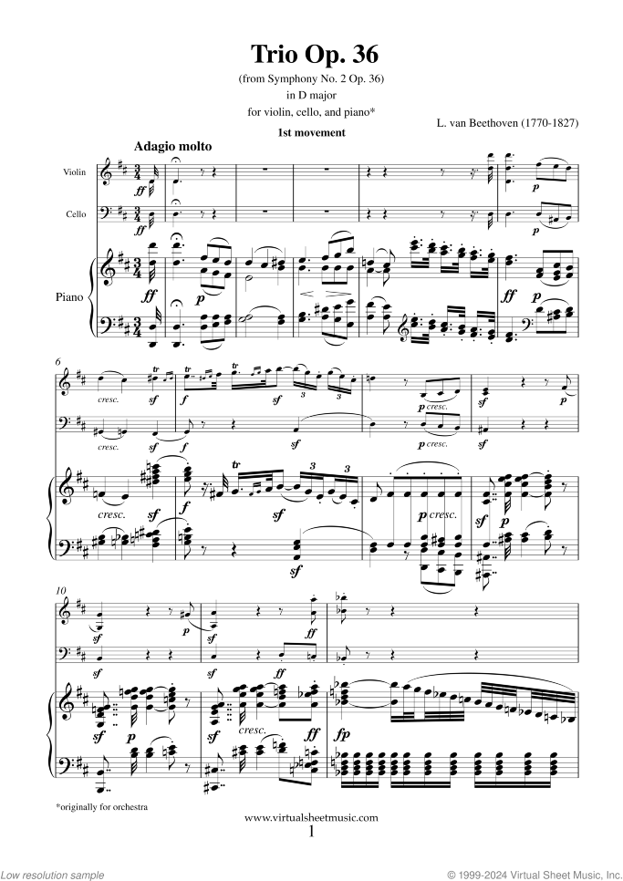 Trio Op. 36 in D major sheet music for violin, cello and piano by Ludwig van Beethoven, classical score, advanced skill level