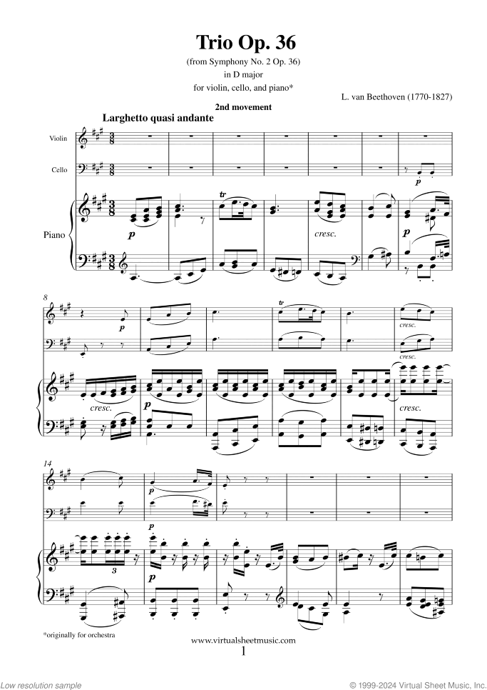 Trio Op. 36 in D major sheet music for violin, cello and piano by Ludwig van Beethoven, classical score, advanced skill level