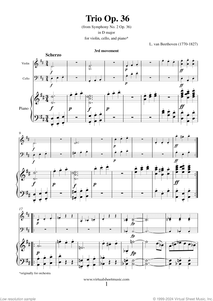 Trio Op. 36 in D major sheet music for violin, cello and piano by Ludwig van Beethoven, classical score, advanced skill level