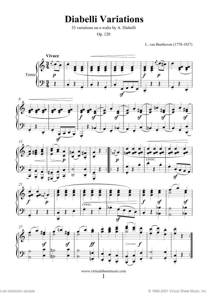Diabelli Variations Op.120 sheet music for piano solo by Ludwig van Beethoven, classical score, intermediate/advanced skill level