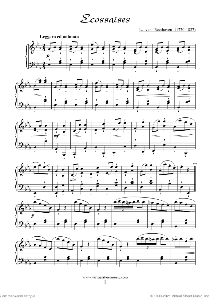 Ecossaises sheet music for piano solo by Ludwig van Beethoven, classical score, easy skill level