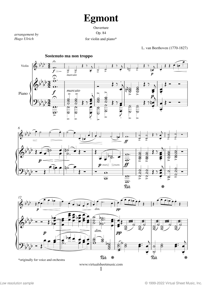 Egmont Ouverture Op. 84 sheet music for violin and piano by Ludwig van Beethoven, classical score, intermediate/advanced skill level