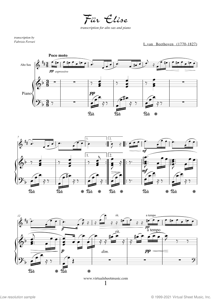 Fur Elise sheet music for alto saxophone and piano by Ludwig van Beethoven, classical score, easy/intermediate skill level