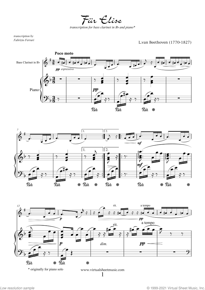 Fur Elise sheet music for bass clarinet and piano by Ludwig van Beethoven, classical score, intermediate skill level