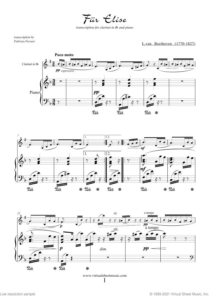 Fur Elise sheet music for clarinet and piano by Ludwig van Beethoven, classical score, intermediate skill level