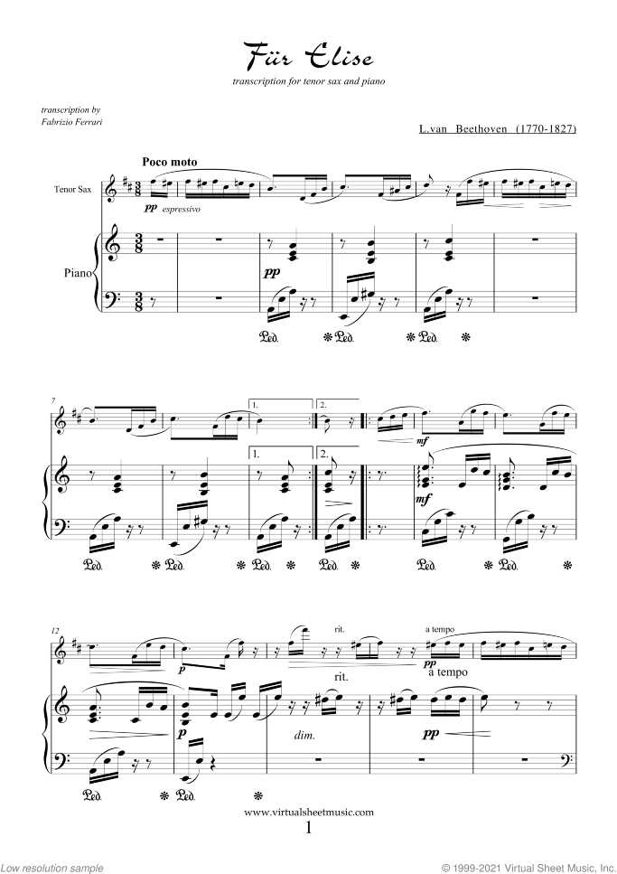 Fur Elise sheet music for tenor saxophone and piano by Ludwig van Beethoven, classical score, easy/intermediate skill level