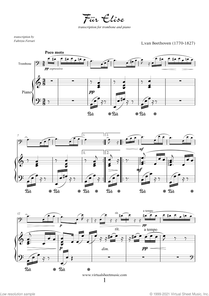 Fur Elise sheet music for trombone and piano by Ludwig van Beethoven, classical score, intermediate skill level