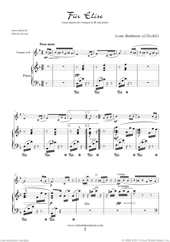 Fur Elise sheet music for trumpet and piano by Ludwig van Beethoven, classical score, intermediate skill level