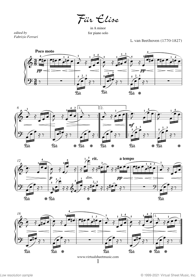 Fur Elise (New Edition) sheet music for piano solo by Ludwig van Beethoven, classical score, easy/intermediate skill level