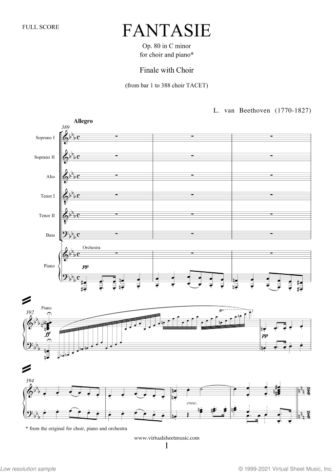 Fantasie Op.80 in C minor sheet music for choir and piano by Ludwig van Beethoven, classical score, intermediate skill level