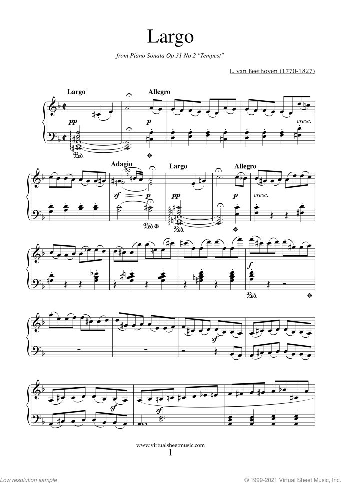 Largo from Tempest Sonata sheet music for piano solo by Ludwig van Beethoven, classical score, advanced skill level