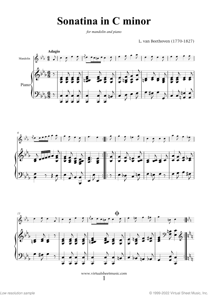 Sonatina in C minor sheet music for mandolin and piano by Ludwig van Beethoven, classical score, intermediate skill level