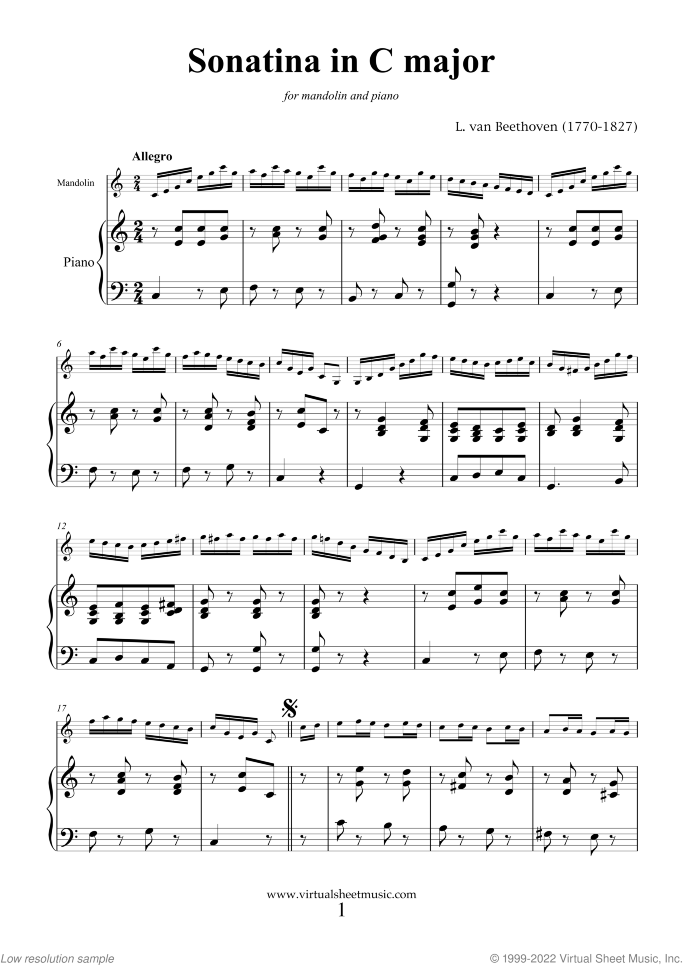 Sonatina in C major sheet music for mandolin and piano by Ludwig van Beethoven, classical score, intermediate skill level