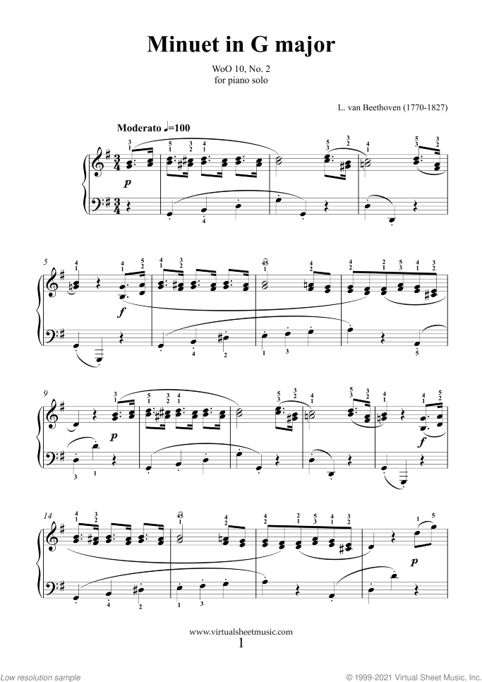 Minuet in G sheet music for piano solo by Ludwig van Beethoven, classical score, easy/intermediate skill level