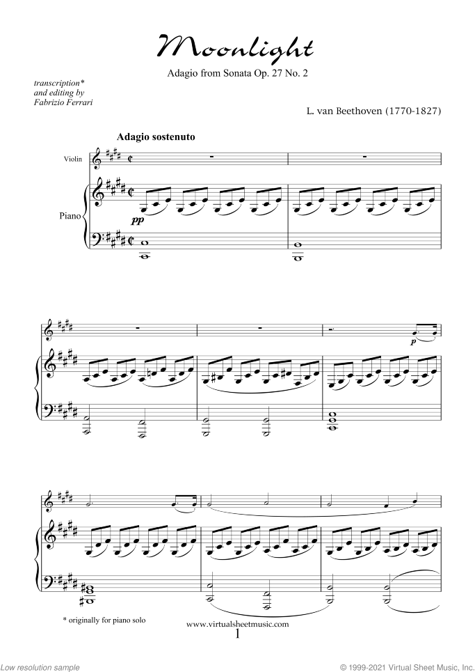 Beethoven Adagio From Sonata Op 27 No 2 Moonlight Sheet Music For Violin And Piano - moonlight sonata roblox piano sheet