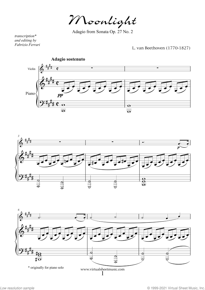 Adagio from Sonata Op. 27 No.2 "Moonlight" (NEW EDITION) sheet music for violin and piano by Ludwig van Beethoven, classical score, intermediate skill level