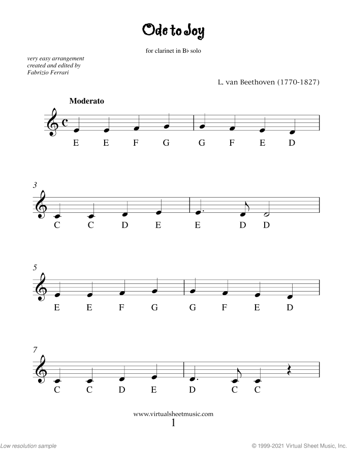 Ode to Joy sheet music for clarinet solo by Ludwig van Beethoven, classical score, beginner skill level