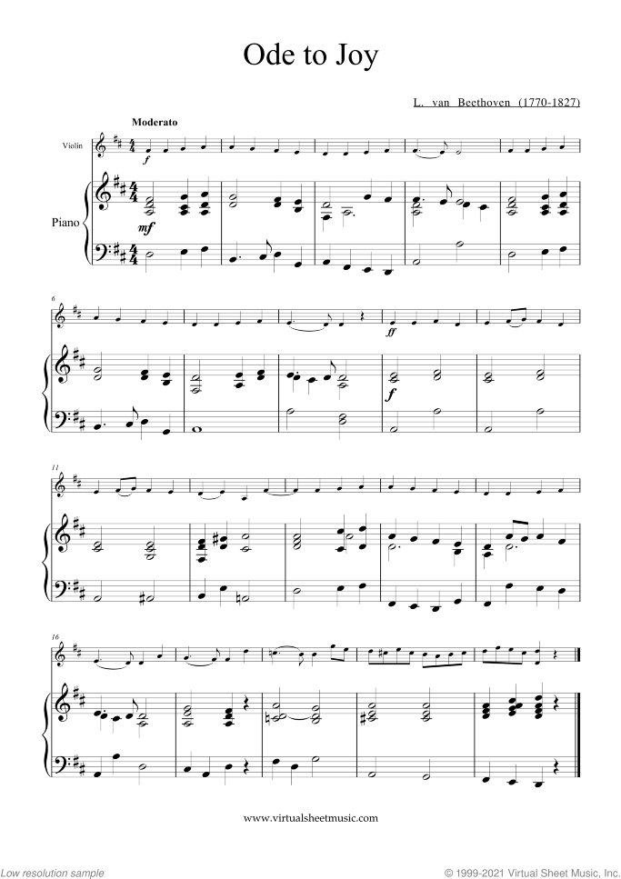 Ode to Joy sheet music for violin and piano by Ludwig van Beethoven, classical score, easy skill level