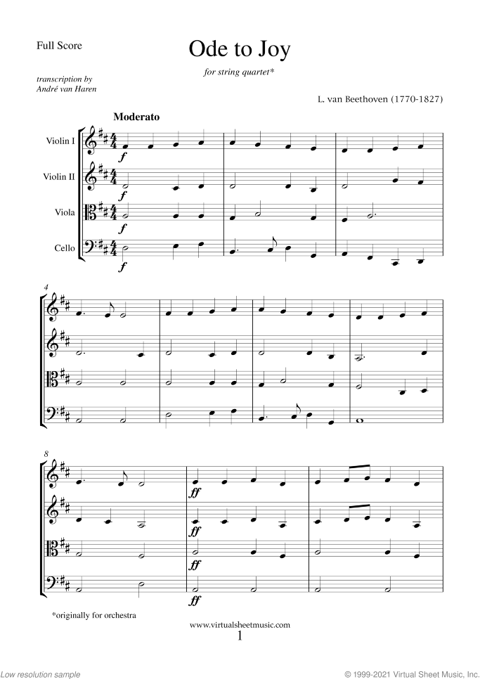 Ode to Joy sheet music for string quartet by Ludwig van Beethoven, classical score, easy skill level