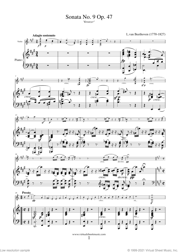 Sonata Op.47 No.9 "Kreutzer" sheet music for violin and piano by Ludwig van Beethoven, classical score, advanced skill level