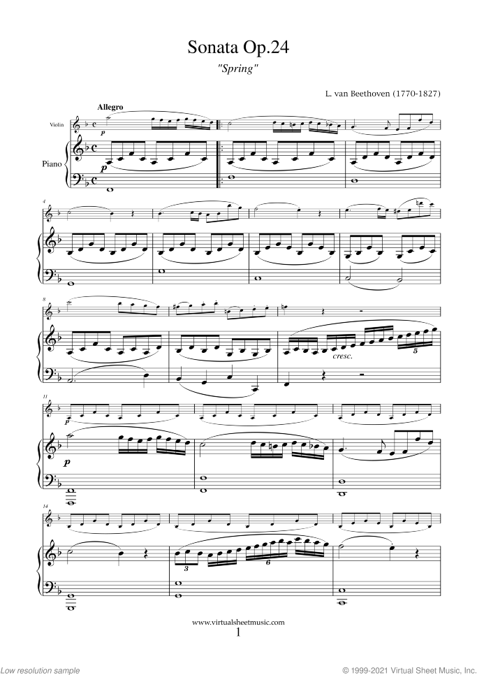 Sonata Op.24 No.5 "Spring" (NEW EDITION) sheet music for violin and piano by Ludwig van Beethoven, classical score, intermediate skill level