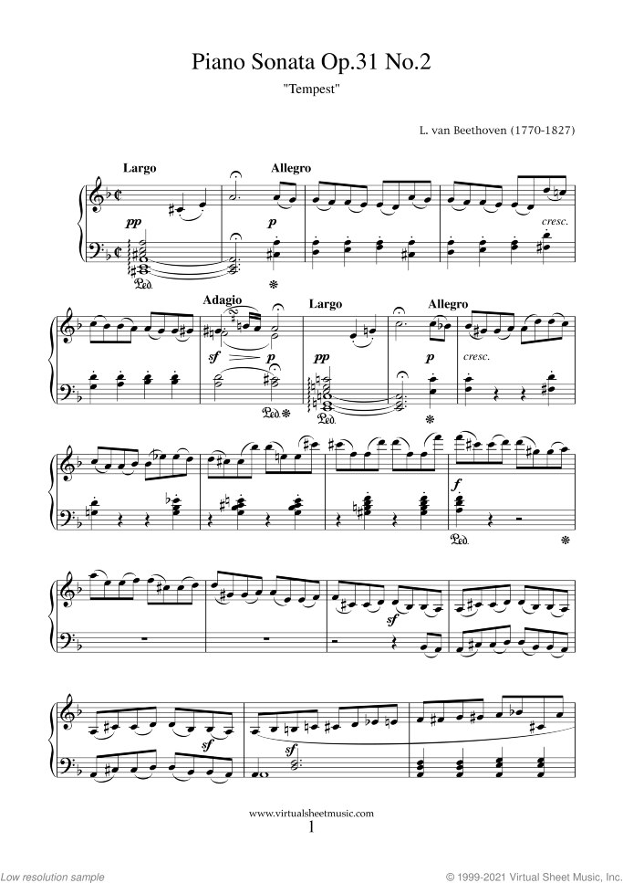 Sonata Op.31 No.2 "Tempest" sheet music for piano solo by Ludwig van Beethoven, classical score, advanced skill level