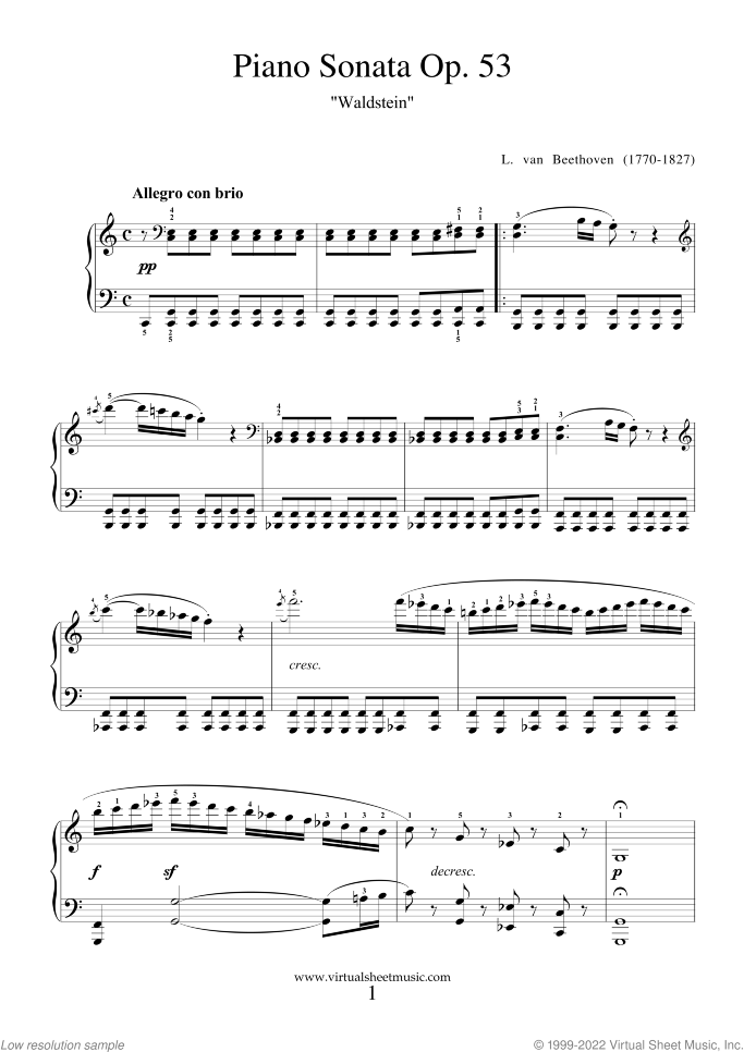 Sonata Op.53 "Waldstein" sheet music for piano solo by Ludwig van Beethoven, classical score, advanced skill level
