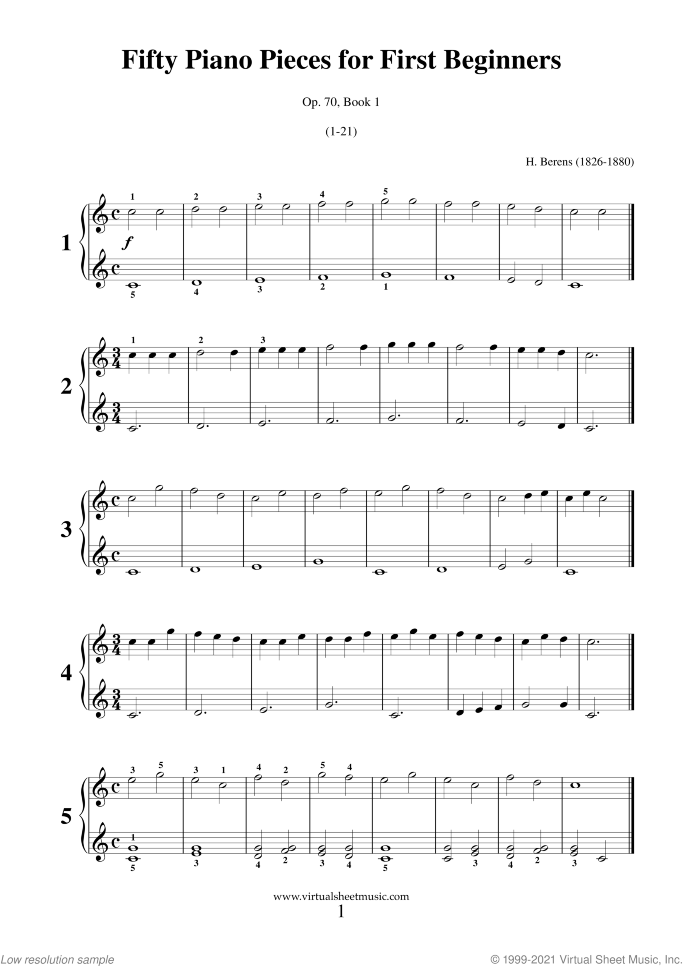 Fifty Piano Pieces for First Beginners Op.70 sheet music for piano solo by Hermann Berens, classical score, easy skill level
