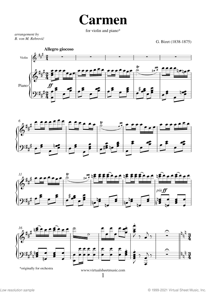 Carmen sheet music for violin and piano by Georges Bizet, classical score, intermediate skill level