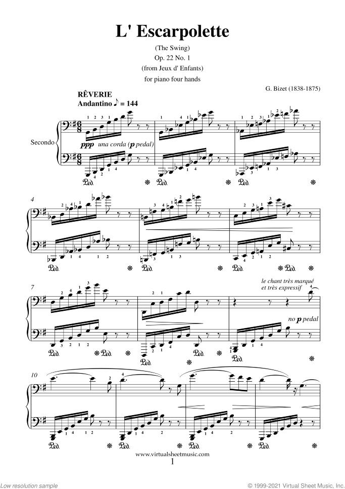L' Escarpolette (The Swing) sheet music for piano four hands by Georges Bizet, classical score, intermediate skill level