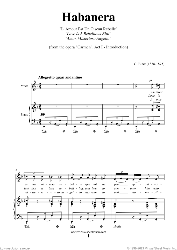 Habanera sheet music for soprano and piano by Georges Bizet, classical score, intermediate skill level