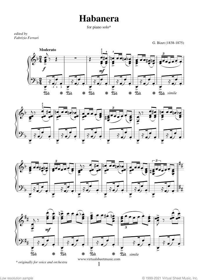 Habanera sheet music for piano solo by Georges Bizet, classical score, intermediate skill level
