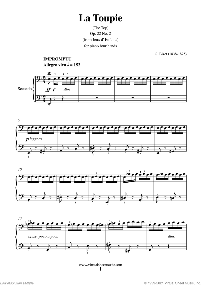 La Toupie (The Top) sheet music for piano four hands by Georges Bizet, classical score, intermediate skill level